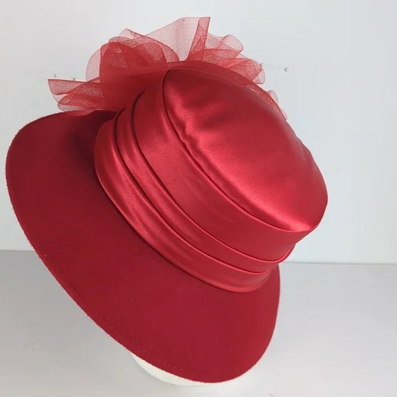 VINTAGE Women's Red Wool Satin Kentuky Derby Easter Church Hat - Picture 3 of 7